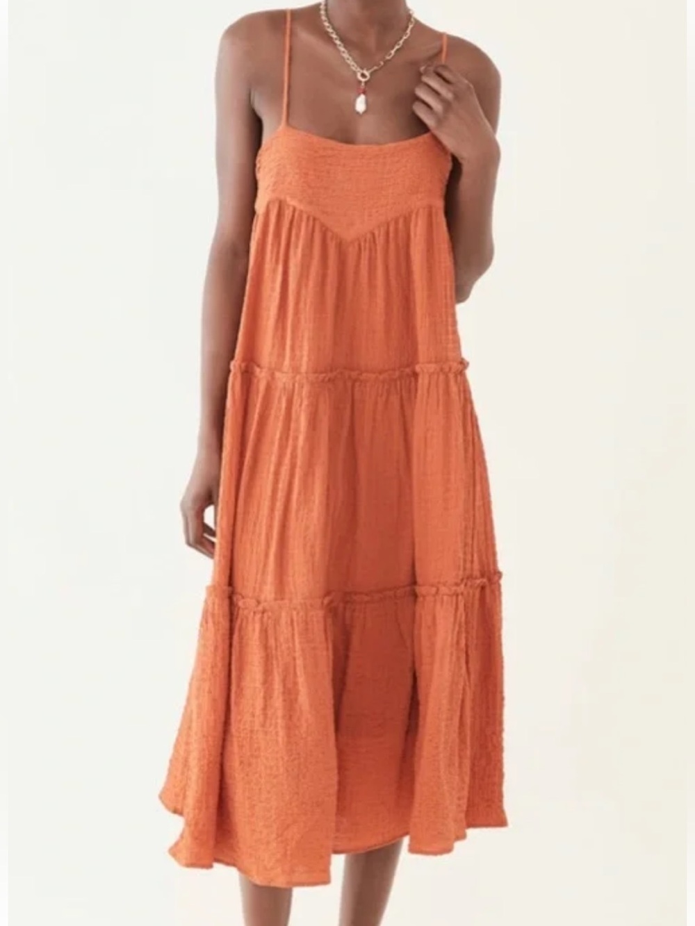 dRA rust orange strapless crinkled tiered midi dress 100% cotton lining XS